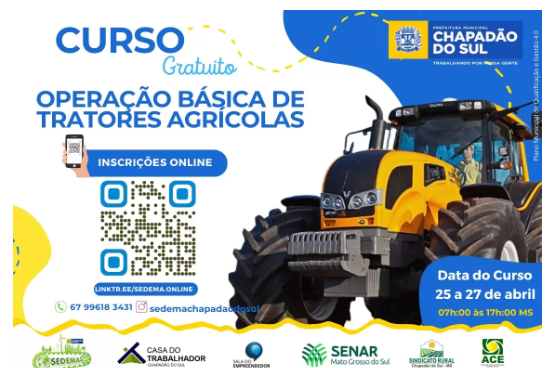 Imagem de compartilhamento para o artigo Chapadão do Sul abre vagas para o curso Operação Básica de Tratores Agrícolas da MS Todo dia